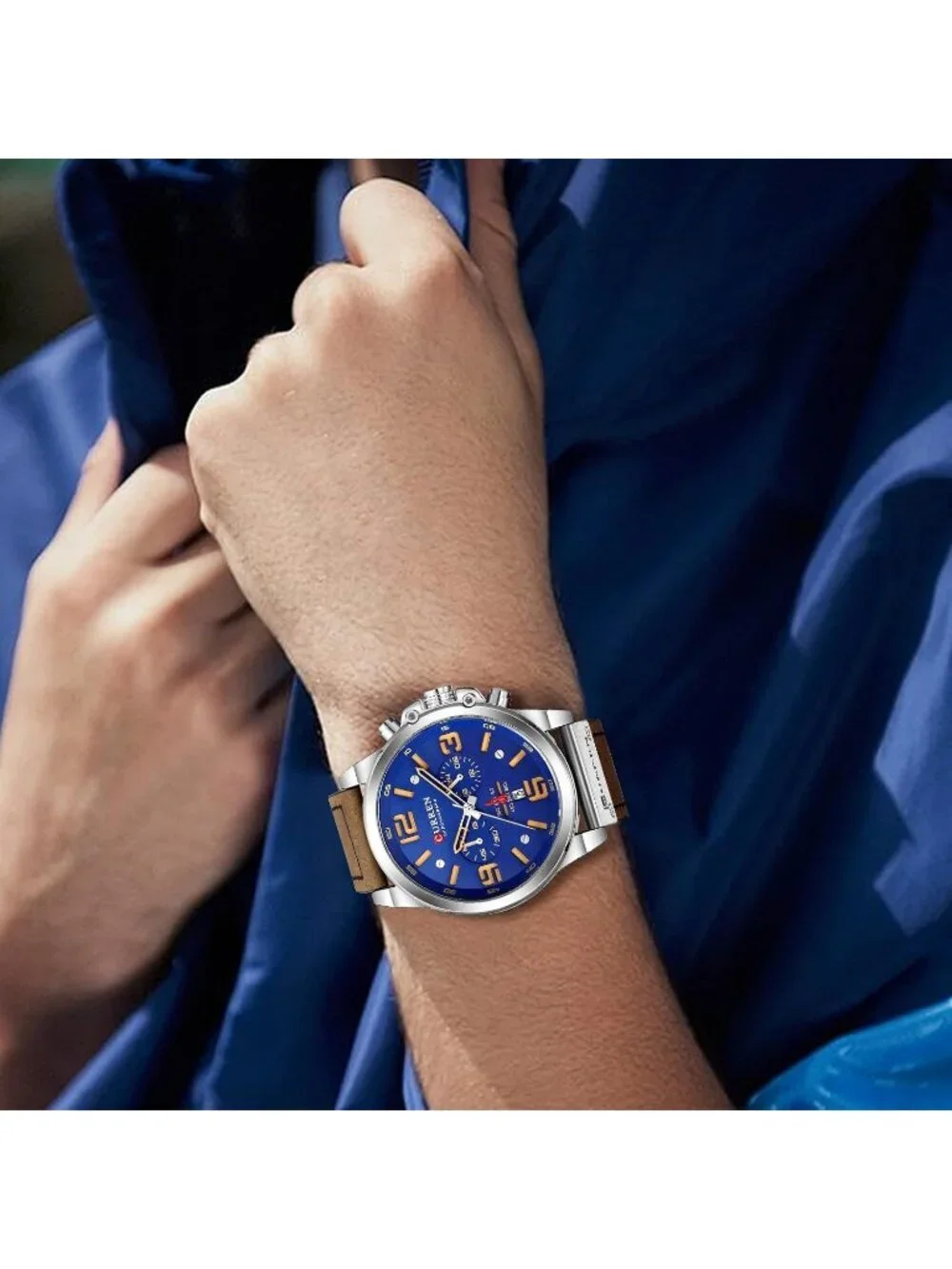 Men's Brown And Blue Analog Leather Strap Sandwich Dial Chronograph Wrist Watch